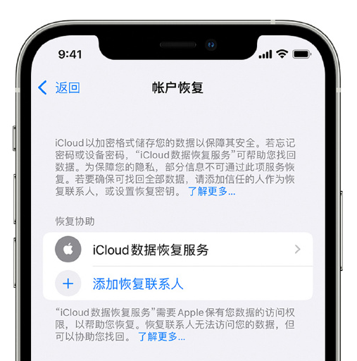 丰南苹果手机维修分享在 iPhone 上设置帐户恢复联系人的方法 