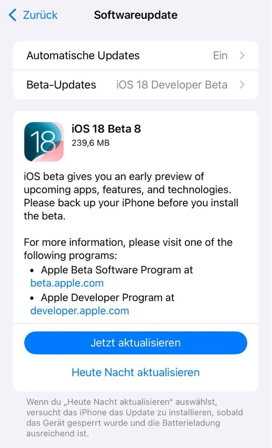 丰南苹果手机维修分享苹果 iOS / iPadOS 18 开发者预览版 Beta 8 发布 